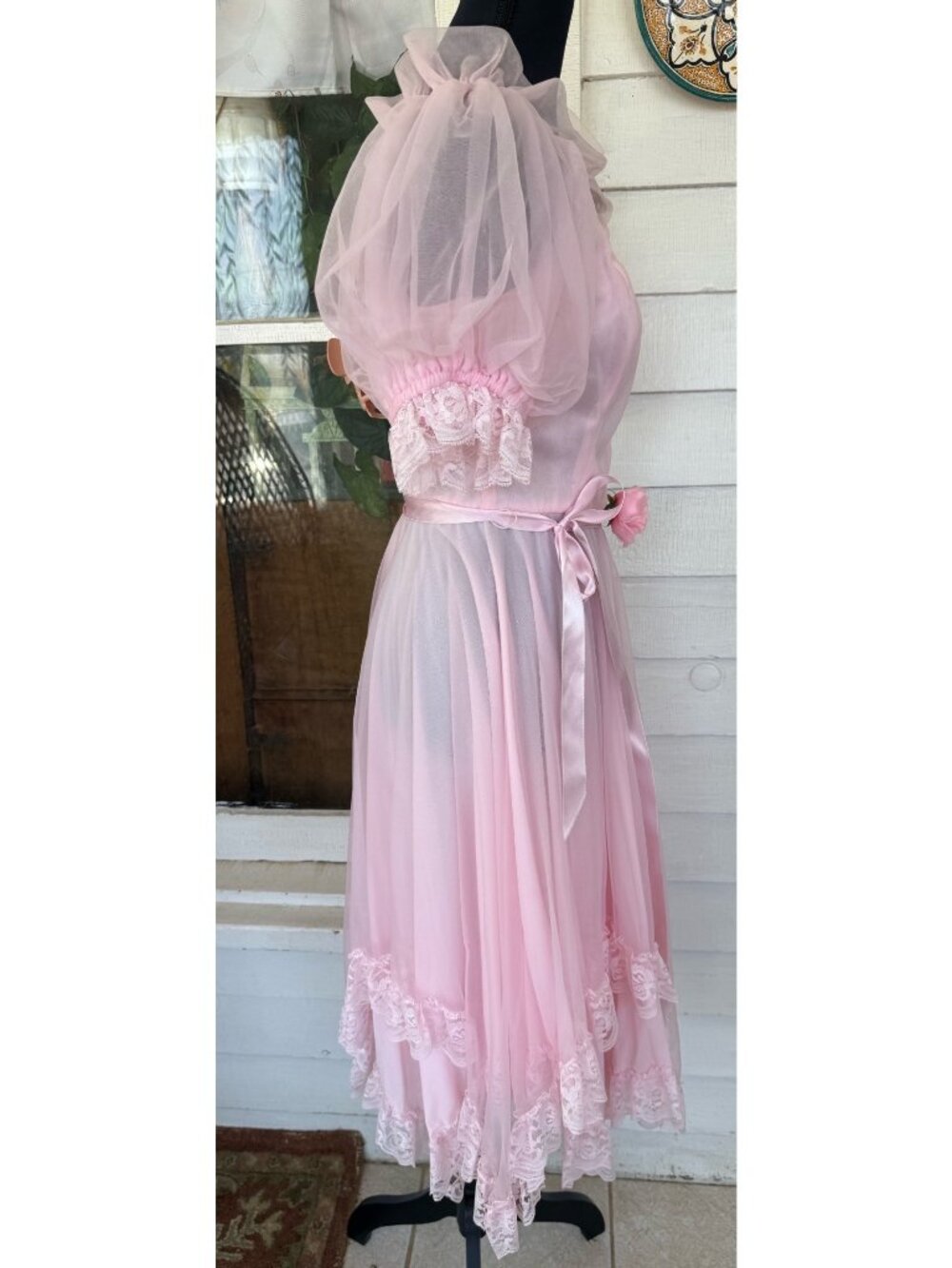 Vintage 80s Bubble Gum Pink Sheer Nylon & Lace Party Dress Balloon Sleeves Sz M - Picture 4 of 16